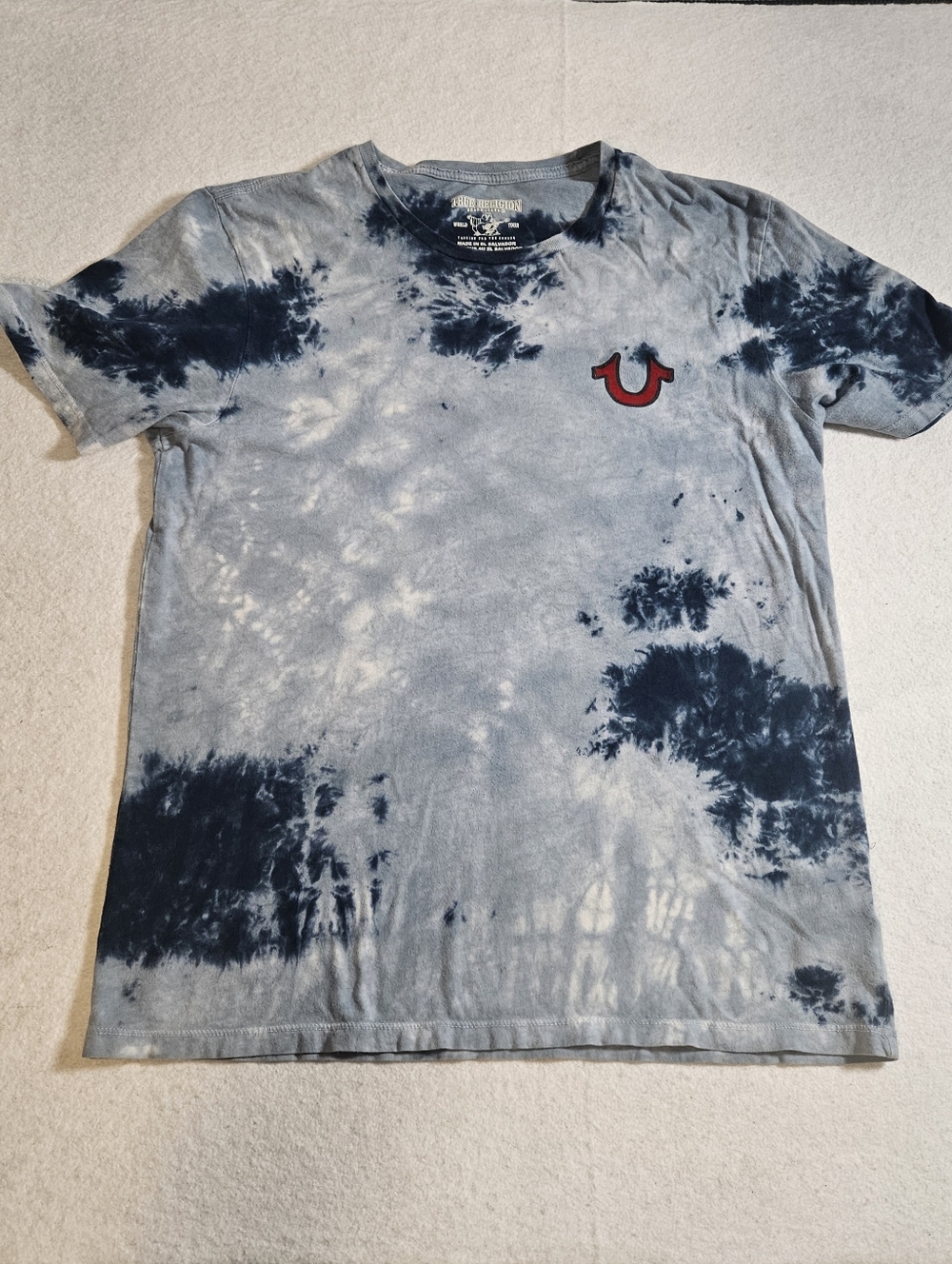 True Religion Tie-Dye Short Sleeve Tee in Blue and Navy with Red Logo Size Med